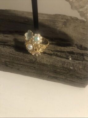 Gold Floral Cluster Ring with Pearl and Pastel Accents